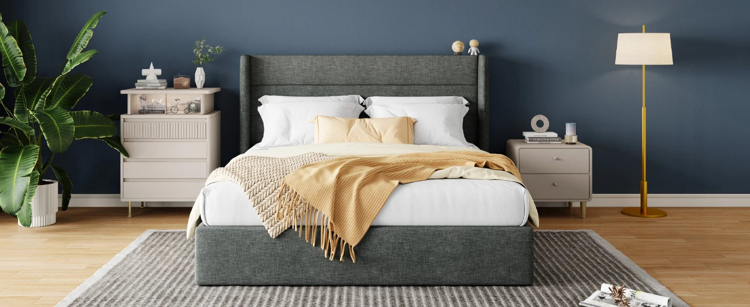 Lift Up Storage Bed with Wingback Headboard and Large Underneath Storage