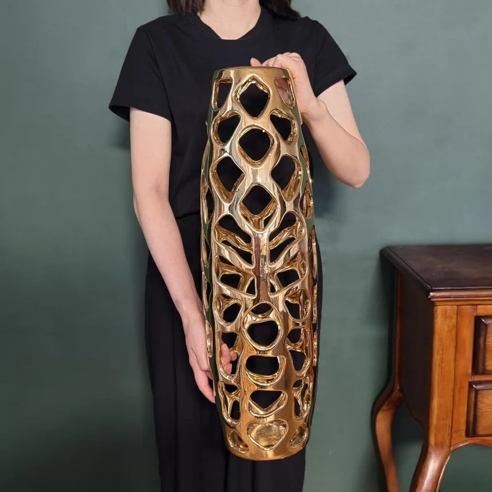 Handmade carved ceramic floor vases, exquisite containers for decorating tree branches and drying flowers