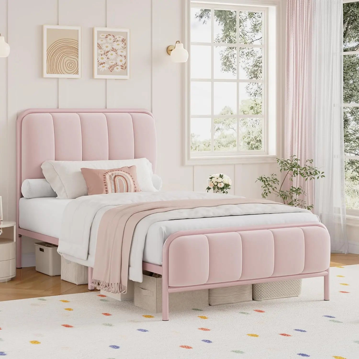Twin Size Upholstered Pink Bed Frame with Button Tufted Headboard