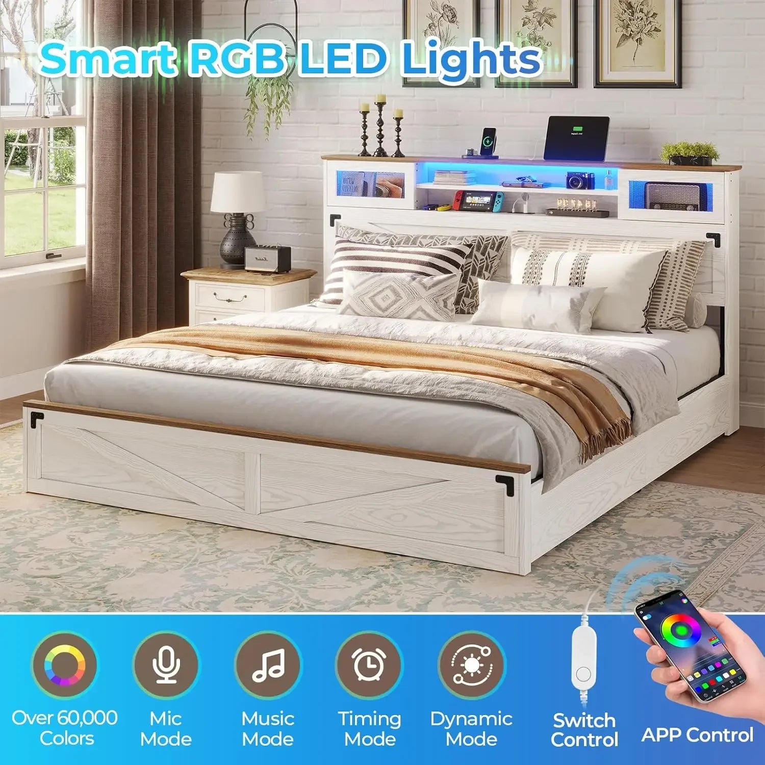 Farmhouse Bed Frame King Size with Bookcase Headboard,  King Bed with LED Lights and Charging Station, Accent with Sliding,White
