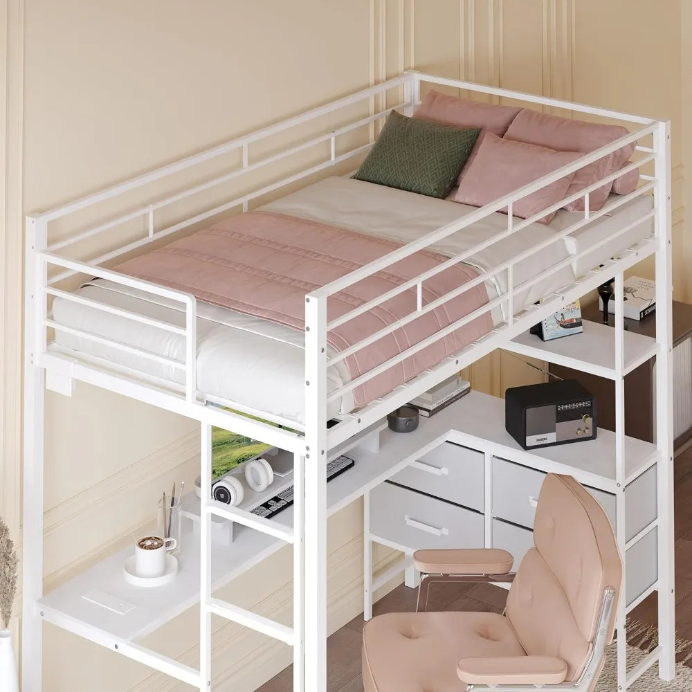 Twin Metal Loft Bed Frame With 15" Safety Guardrail, Non-Slip Ladder, 2 Charging Stations, L-Shaped Desk, and Storage Shelves