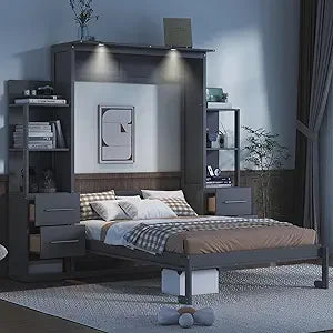 Full Murphy Bed with Storage Shelves, Drawers, LED Light, and Flexible Slats Support