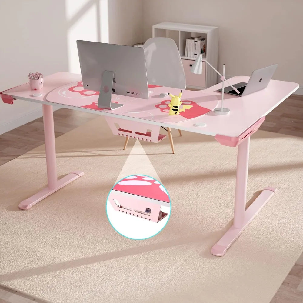 Pink L Shaped Gaming Desk, 60 Inch Large Home Office Corner PC Computer Table Study Writing Modern Workstation Girls  Female