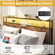 Queen Bed Frame with 2-Tier Storage Headboard, Metal Frame with 4 Storage Drawers, and Built in Charging