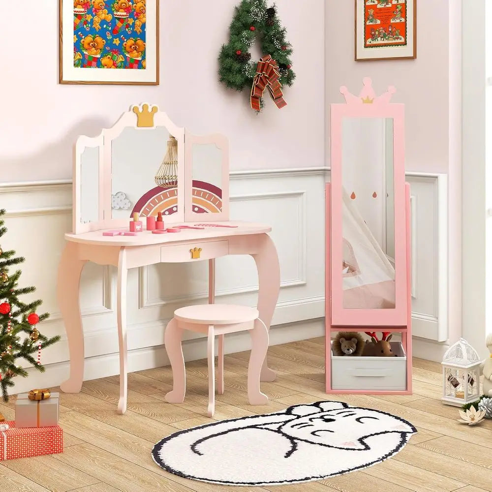Kids Crown-Themed 45.5" Wooden Jewelry Armoire with Full-Length Mirror & Storage Box