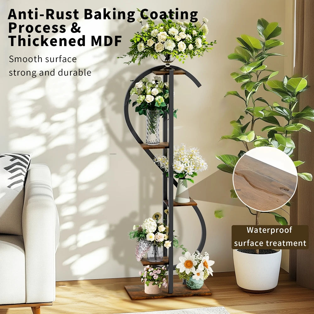 5-Tier S-Shaped Metal Plant Stand with MDF Shelves – Decorative Indoor & Outdoor Plant Display for Balcony, Living Room, Garden, Patio, or Porch