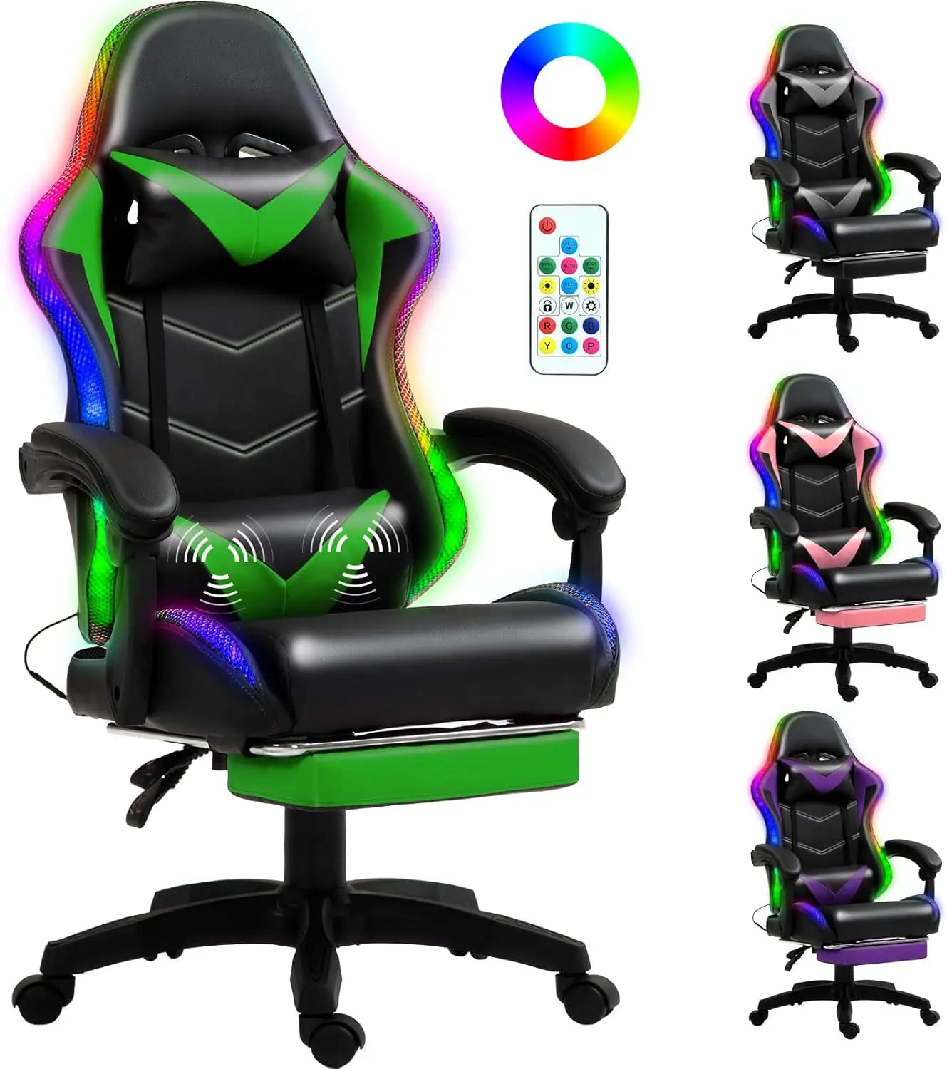 Racing Style RGB LED Lights Gaming Chairs for Adults and Kids with Lumbar Massager