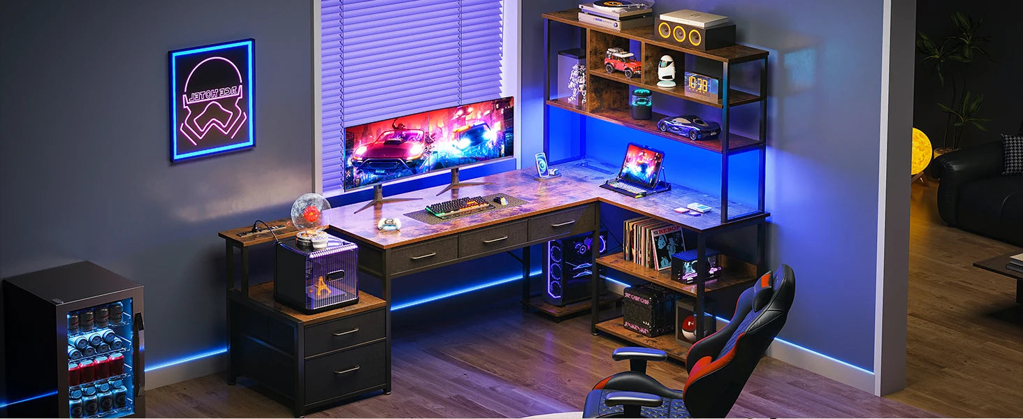 79 Inch L Shaped Desk with File Drawers, Reversible L Shaped Gaming Desk with Power Outlets & LED Lights, Computer Desk