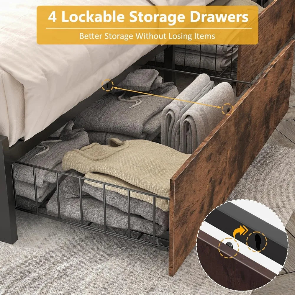 Queen Bed Frame with 2-Tier Storage Headboard, Metal Frame with 4 Storage Drawers, and Built in Charging