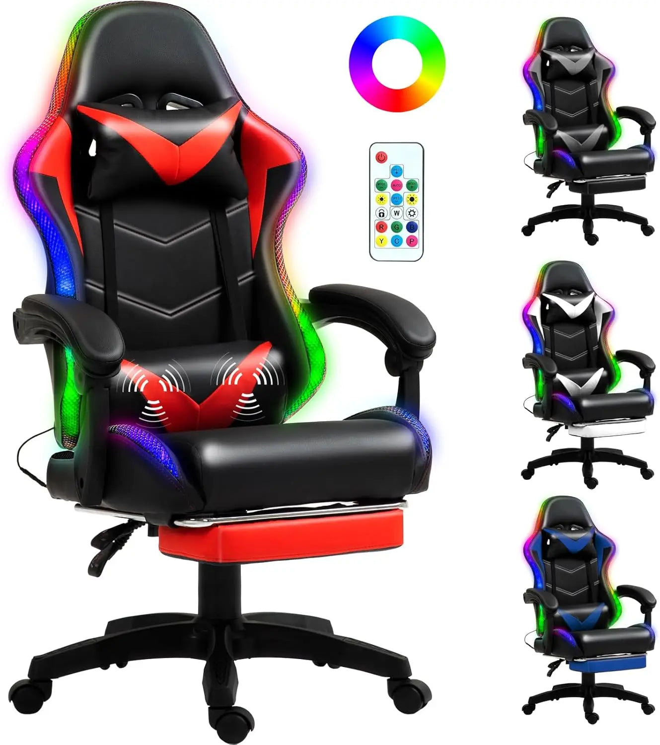 Racing Style RGB LED Lights Gaming Chairs for Adults and Kids with Lumbar Massager