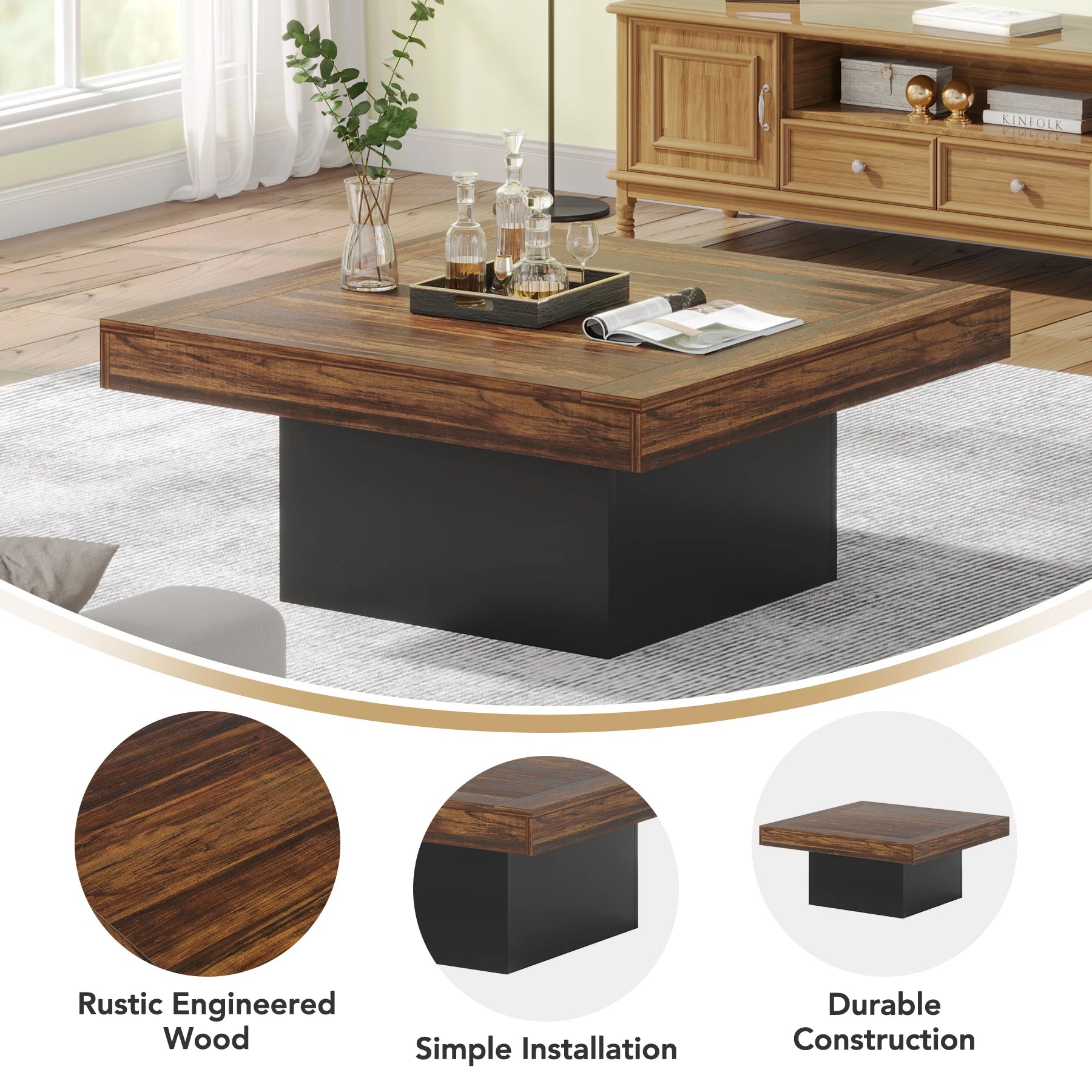 FurnishSpot Square Wooden Coffee Table – Modern Minimalist Coffee Table for Living Room