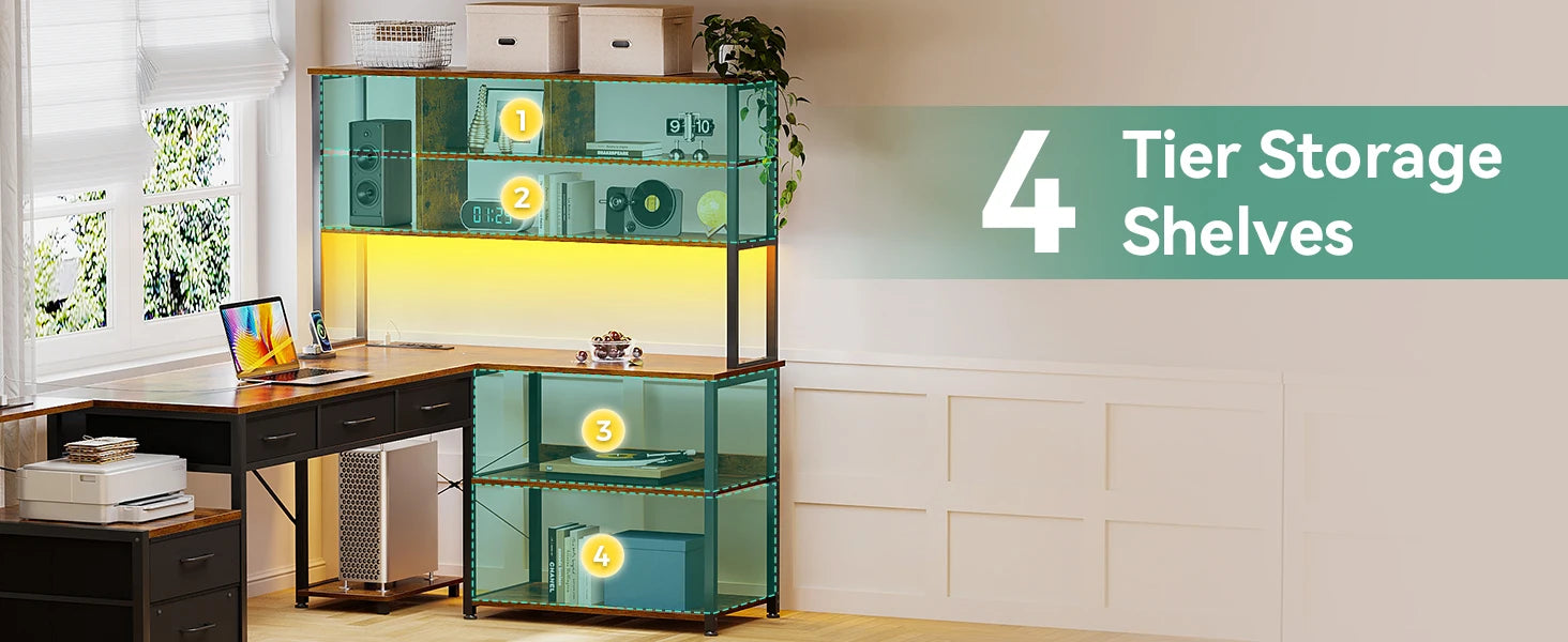 79 Inch L Shaped Desk with File Drawers, Reversible L Shaped Gaming Desk with Power Outlets & LED Lights, Computer Desk