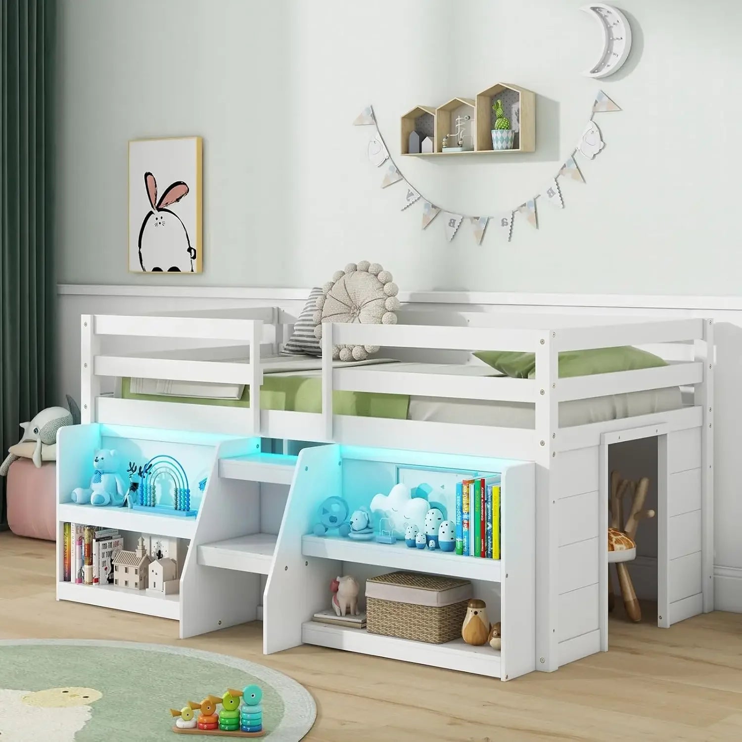 Kids Loft Bed with LED Light, Wooden Double Loft Bed with Stairs and Safety Guardrail, with Storage Bookcase