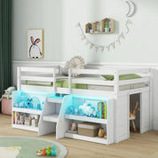 Kids Loft Bed with LED Light, Wooden Double Loft Bed with Stairs and Safety Guardrail, with Storage Bookcase