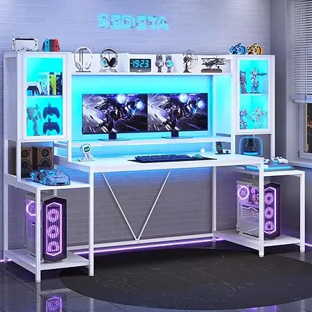 Gaming Desk 74.8'' with LED Lights, Hutch and Storage Shelves, Computer Desk with Monitor Stand, Large PC Gamer Desk Workstatio