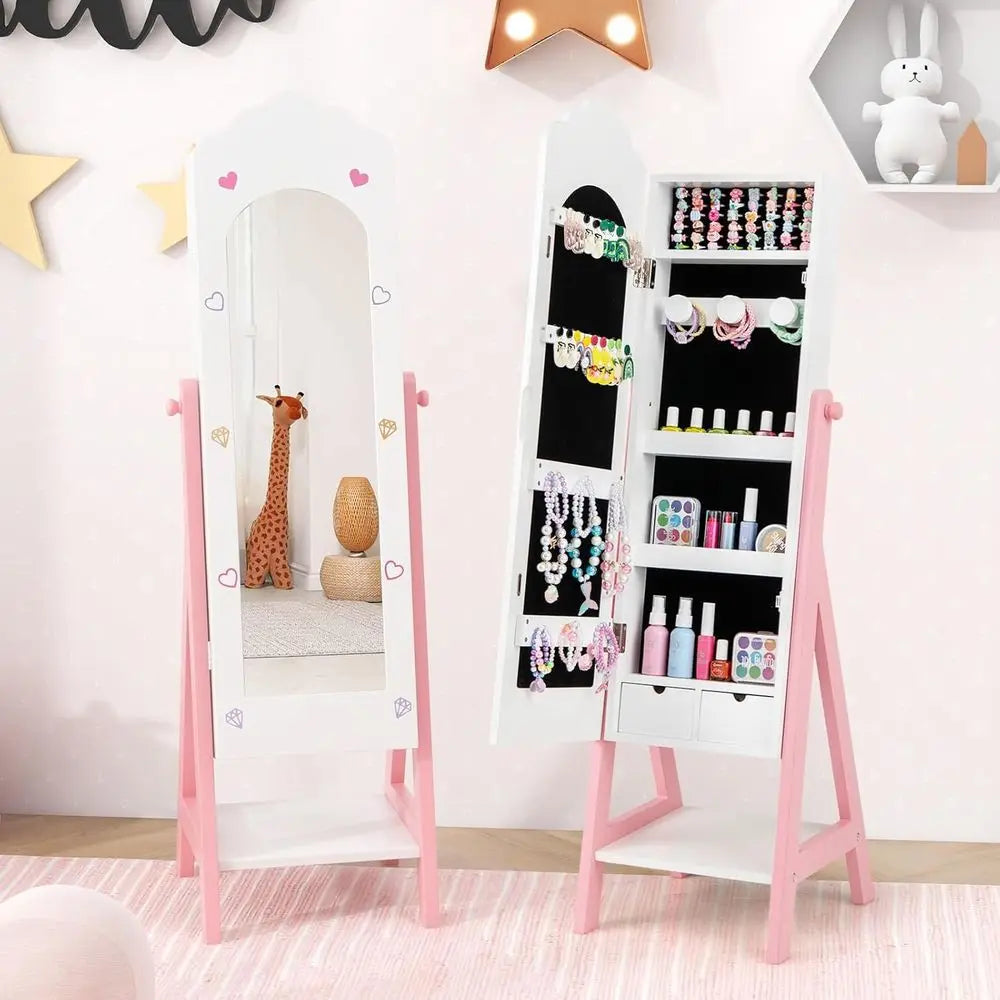 Kids Standing Jewelry Armoire with Full-Length Dress-Up Mirror, Drawers & Storage Shelves