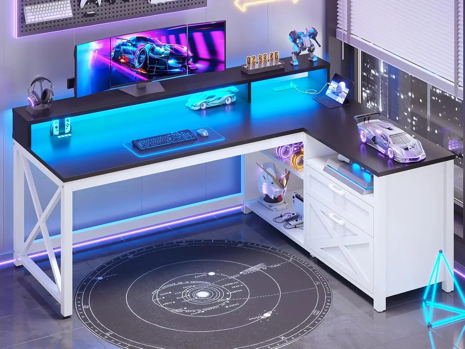 Farmhouse L Shaped 55" Desk with Drawers and Storage Shelves, and LED Lights