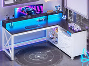 Farmhouse L Shaped 55" Desk with Drawers and Storage Shelves, and LED Lights