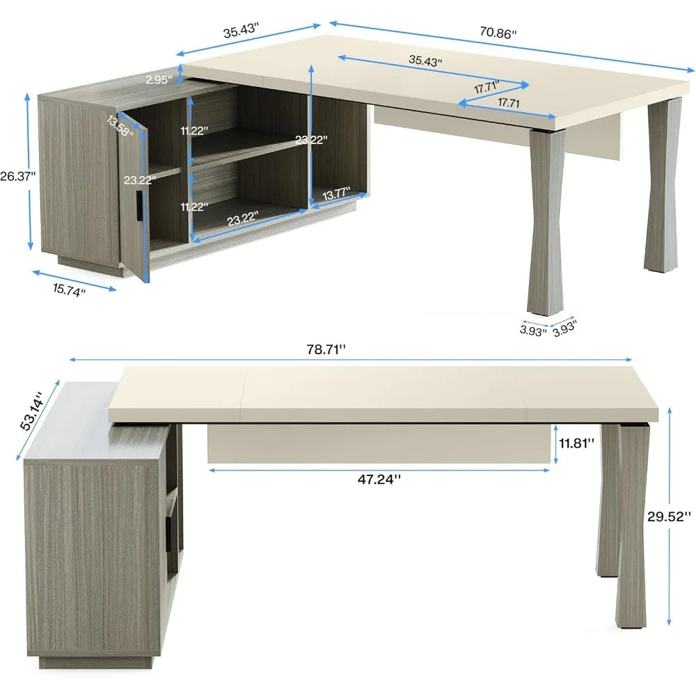 78.7-inch executive desk, large L-shaped desk with cabinets and storage shelves, family office desk, business furniture set