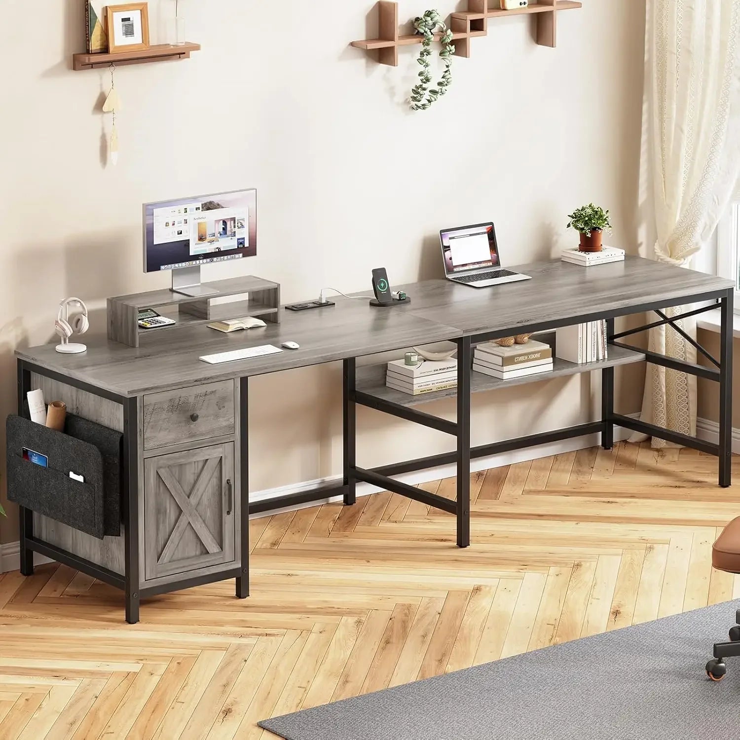 63" L Shaped Desk, Convertible 86.6" Home Office Desk or Corner Desk, Office Computer Desk with Drawer, Power Strip