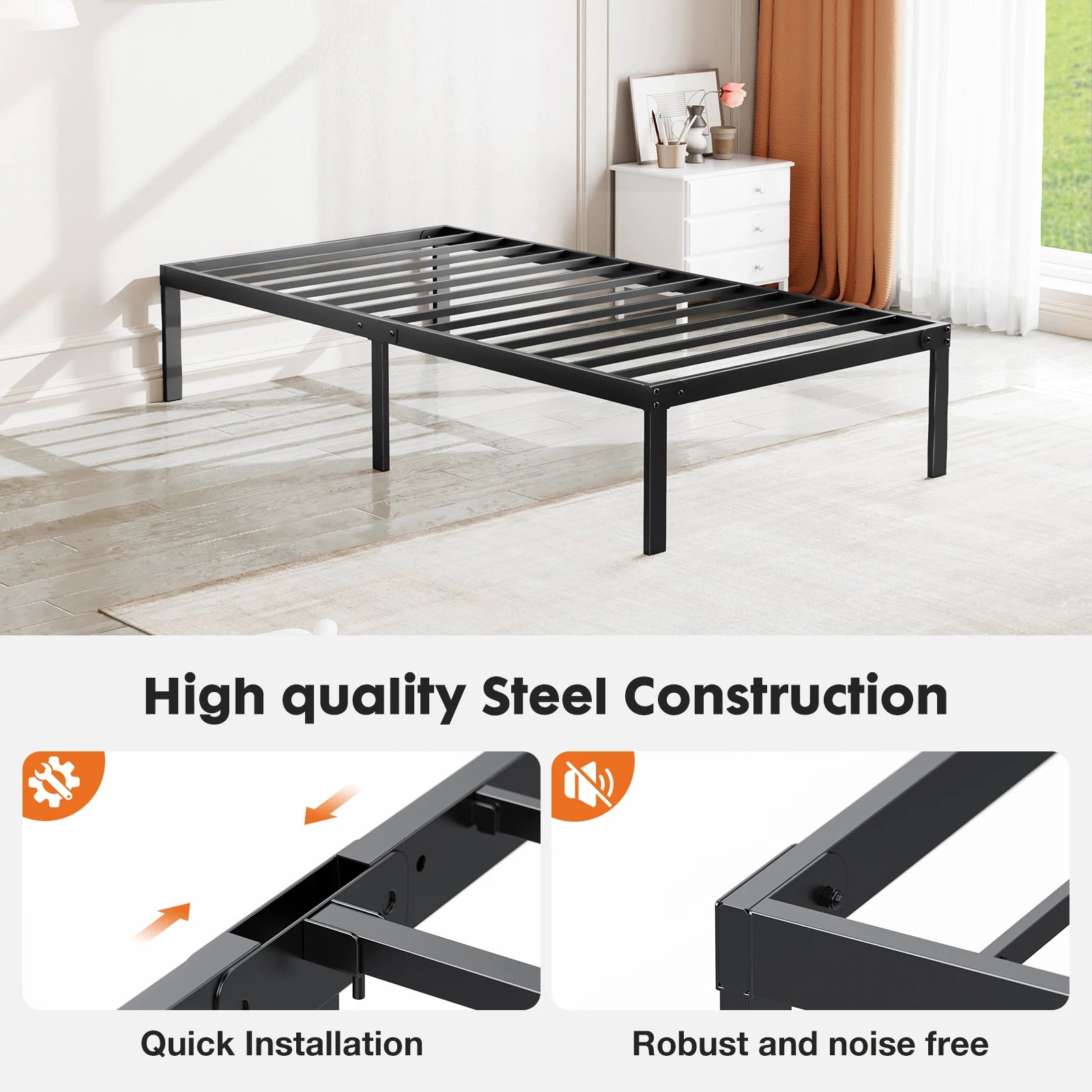 JHK Heavy-Duty Metal Bed Frame – Sturdy Steel Platform Bed with Center Support, 14-Inch Under-Bed Storage, Modern Design, Easy Assembly, Fits Standard Mattress