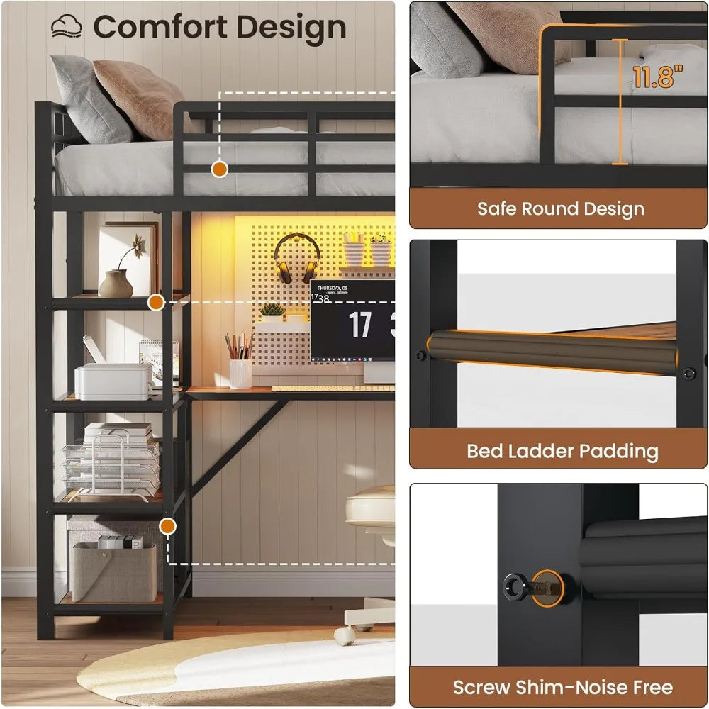 Loft Bed Twin Size with L Shape Desk,4 Drawers,3-Tier Storage Shelves Metal Loft Bed Frame with Power Outlet and LED Lighted,No