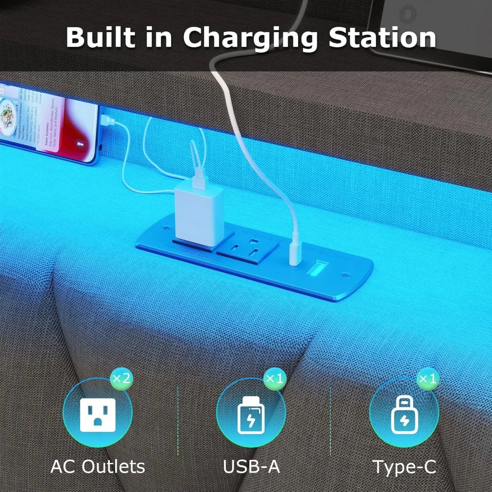 King Size Bed Frame with Marshmallow Headboard and Storage, Metal Bed Frame with LED Lights & Charging Station, Upholstered Plat