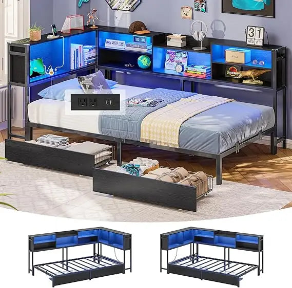 Twin Corner Bed Frame with Storage Bookcase, Storage Drawers, and Charging Station