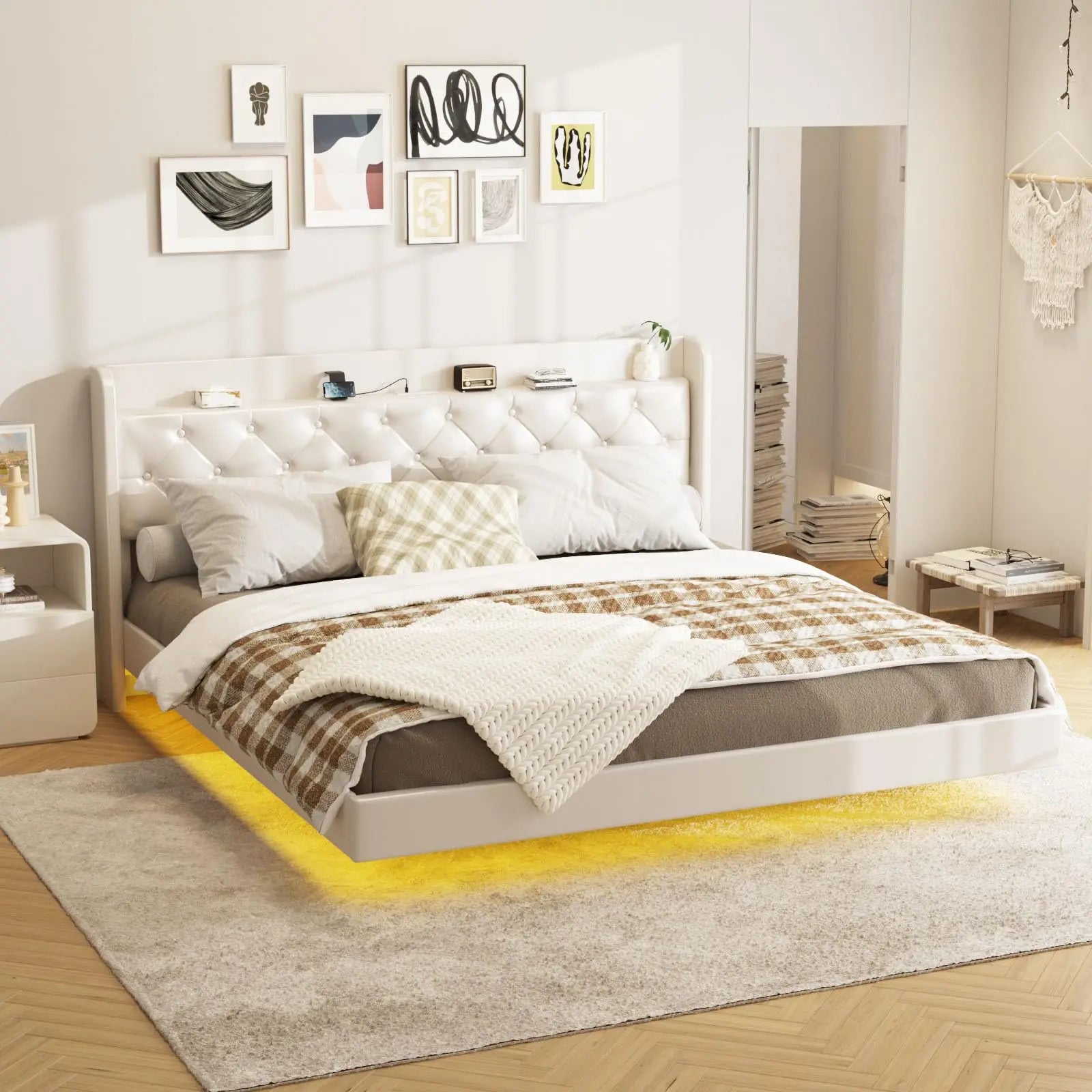 Vabches Floating Queen Bed Frame with LED Lights Upholstered PU Leather Platform Bed Frame with Power Outlet Storage Headboard