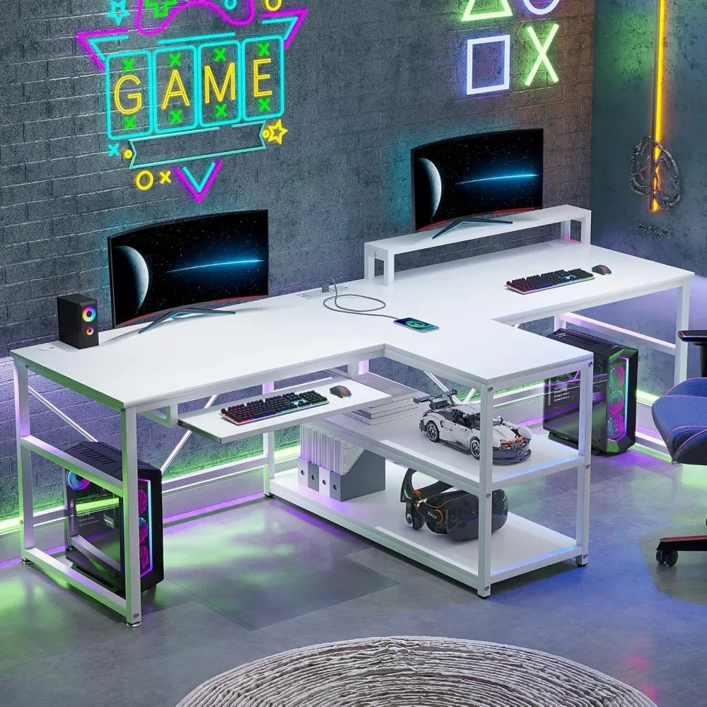 94.5" Office Computer Desk, 2 Person Gaming Desk with Storage, LED Lights, Keyboard Tray, Power Strip