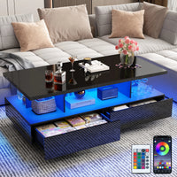 43 Inch LED Coffee Table w/2 Storage Drawers, Modern High Gloss Coffee Table w/Display Shelf, Rectangle 2-Tier Center Table