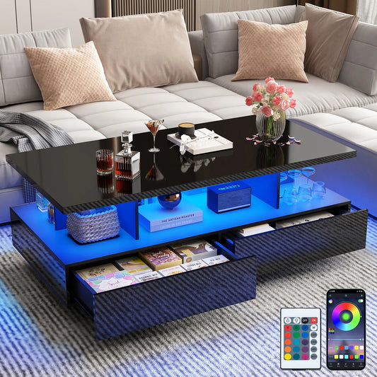 43 Inch LED Coffee Table w/2 Storage Drawers, Modern High Gloss Coffee Table w/Display Shelf, Rectangle 2-Tier Center Table
