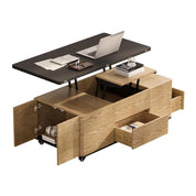 FurnishSpot Natural Lift-Top Coffee Table with Hidden Storage | 3-in-1 Multifunction Center Table with 4 Stools