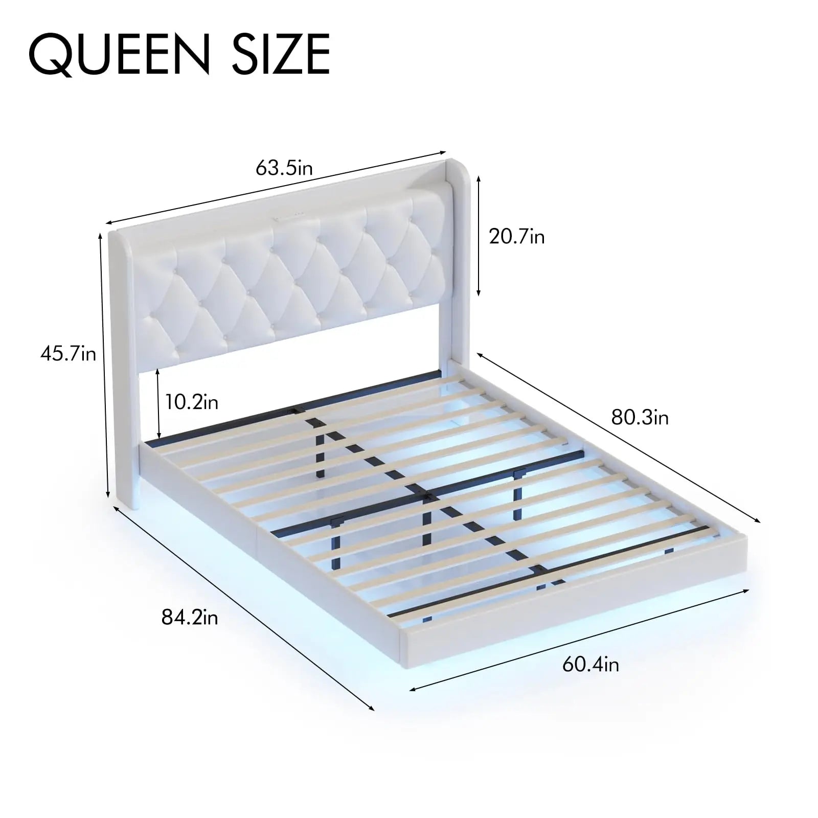 Vabches Floating Queen Bed Frame with LED Lights Upholstered PU Leather Platform Bed Frame with Power Outlet Storage Headboard