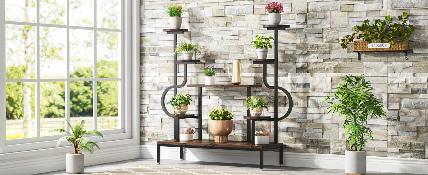 8-Tier Metal Plant Shelf for Multiple Plants, Round & Square Boards
