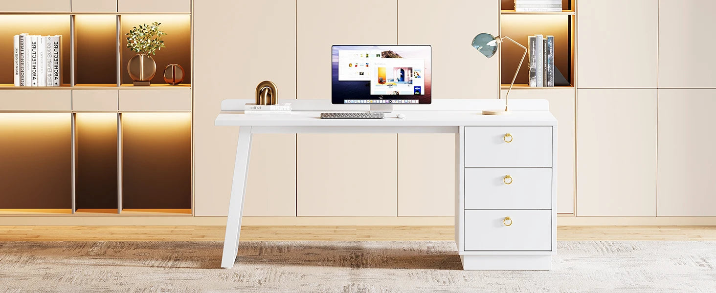 Tribesigns White Computer Desk with Drawers: 55 Inches Modern Home Office Desk with Storage, Small Wood Study Writing Work Table