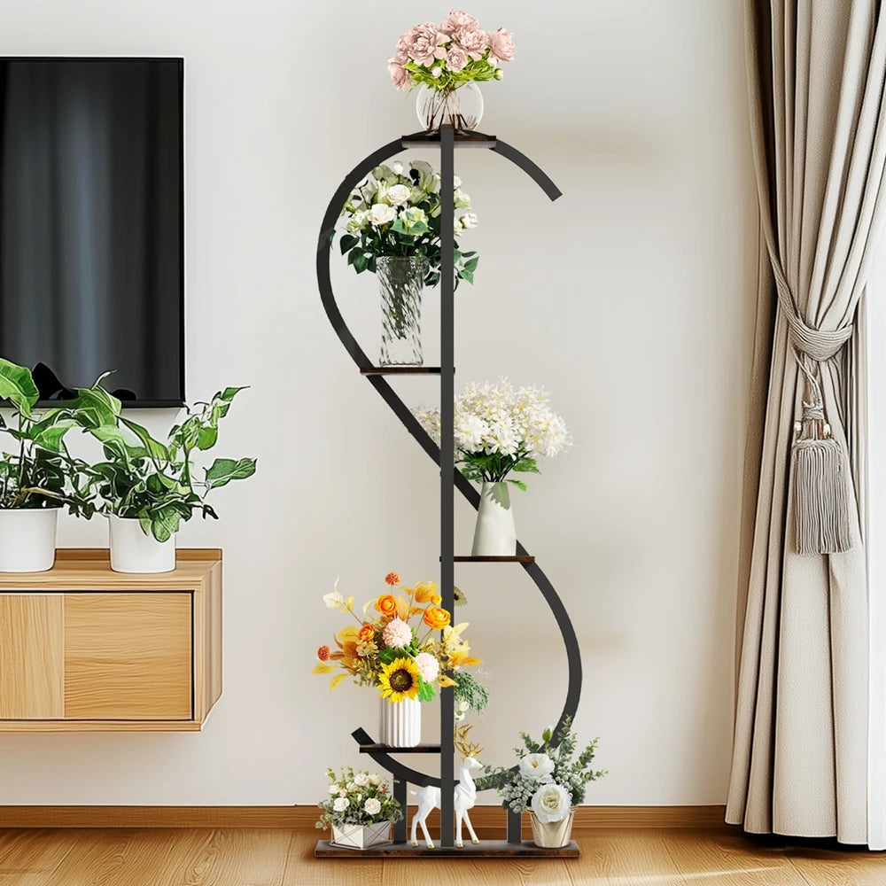 5-Tier S-Shaped Metal Plant Stand with MDF Shelves – Decorative Indoor & Outdoor Plant Display for Balcony, Living Room, Garden, Patio, or Porch