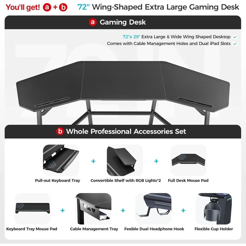 Aero Gaming Desk with Led Lights, 72" Large Wing-Shaped Studio Desk W Keyboard Tray Monitor Stand Dual Headphon