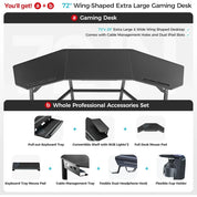 Aero Gaming Desk with Led Lights, 72" Large Wing-Shaped Studio Desk W Keyboard Tray Monitor Stand Dual Headphon