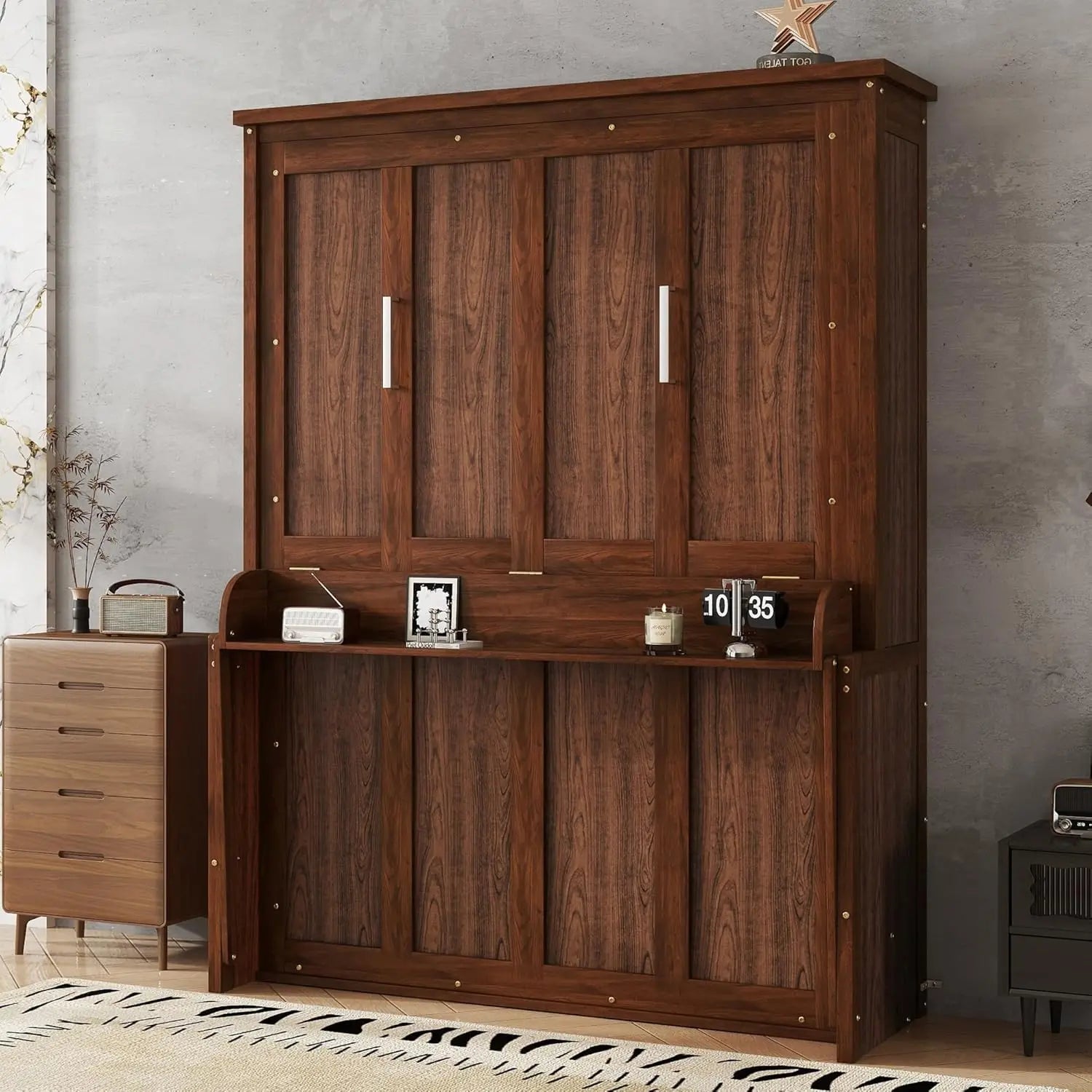 FurnishSpot™ Queen Size Murphy Bed with Desk – Horizontal Wall Bed Cabinet with Gas Struts