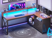 FurnishSpot® Farmhouse L-Shaped Computer Desk with LED Lights, Monitor Stand & File Drawer