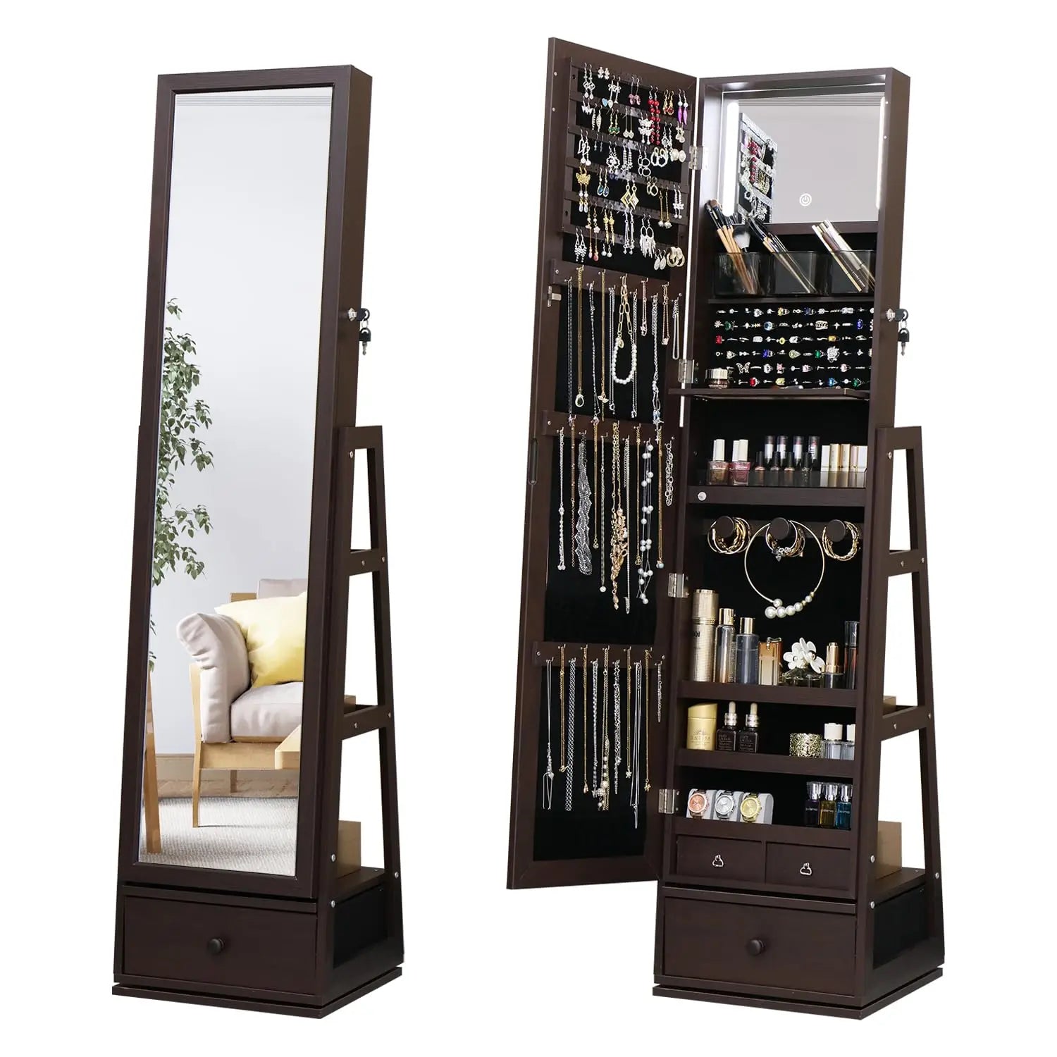63.7" Lockable Rotating Jewelry Armoire with Full Length Mirror | Standing Storage Cabinet