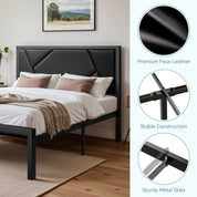 HOOMIC Metal Bed Frame with Upholstered Headboard, Litchi Grain Faux Leather Design, Easy Assembly, No Box Spring Needed Allewie