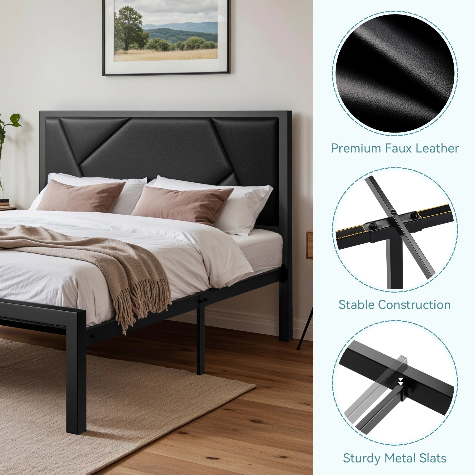 HOOMIC Metal Bed Frame with Upholstered Headboard, Litchi Grain Faux Leather Design, Easy Assembly, No Box Spring Needed Allewie