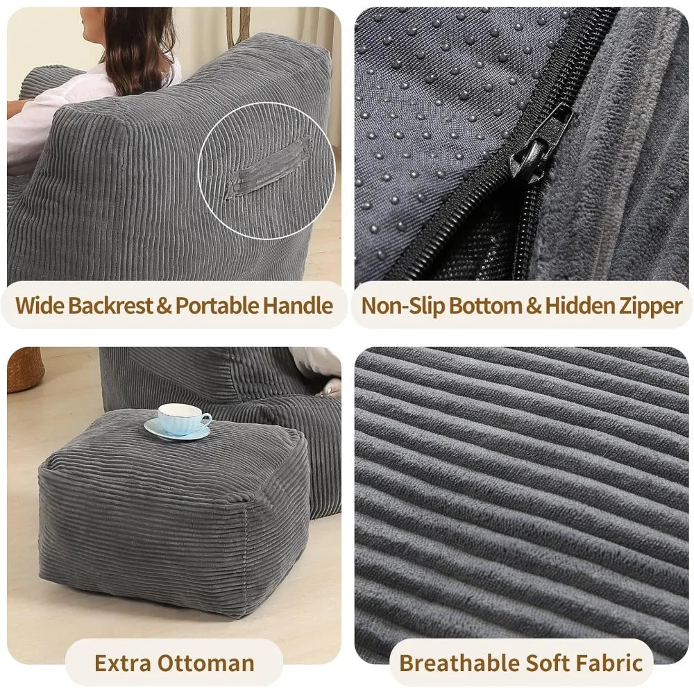 Bean Bag Sofas, Comfy Gaint Beans Bags Chair with Ottoman, Huge Beans Bags Armchair for Adults and Teens, Beans Bags Sofas