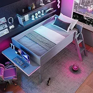 Playful Design Full Size Low Loft Bed with Slide and 3 Storage Drawers, Multiple Functions Wooden Loft Bed Frame with 2 Doors fo