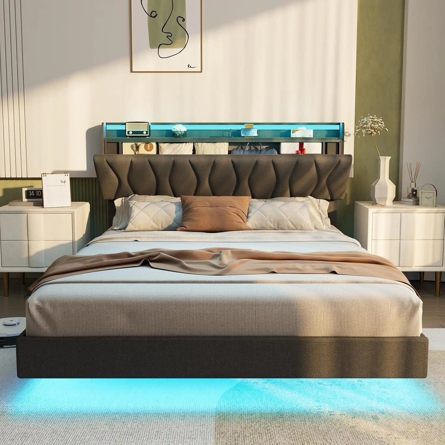 Vabches Floating Queen Bed Frame With Storage Headboard&LED Light Bed Frame with Charging Station Upholstered Platform Bed Frame