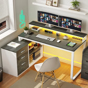 FurnishSpot Corner Computer Desk with File Cabinets | Office Desk with Power Outlets, USB & LED Lights