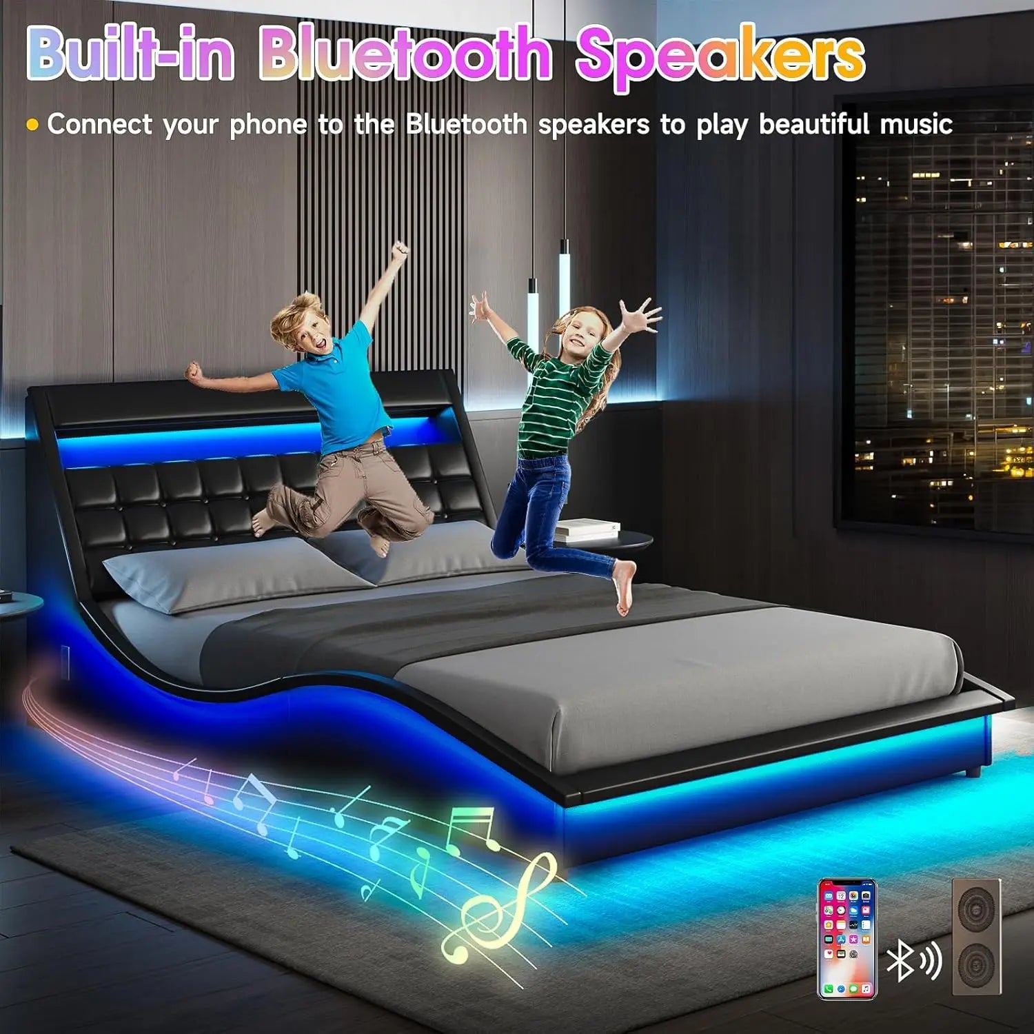 Vabches Full Size Bed Frame with Wave-Like Curve Design PU Leather Upholstered Platform Bed Frame w Charging Station&LED Lights