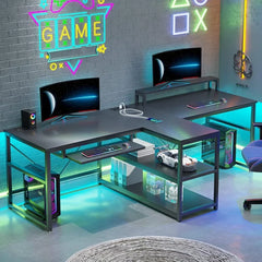 94.5" Office Computer Desk, 2 Person Gaming Desk with Storage, LED Lights, Keyboard Tray, Power Strip